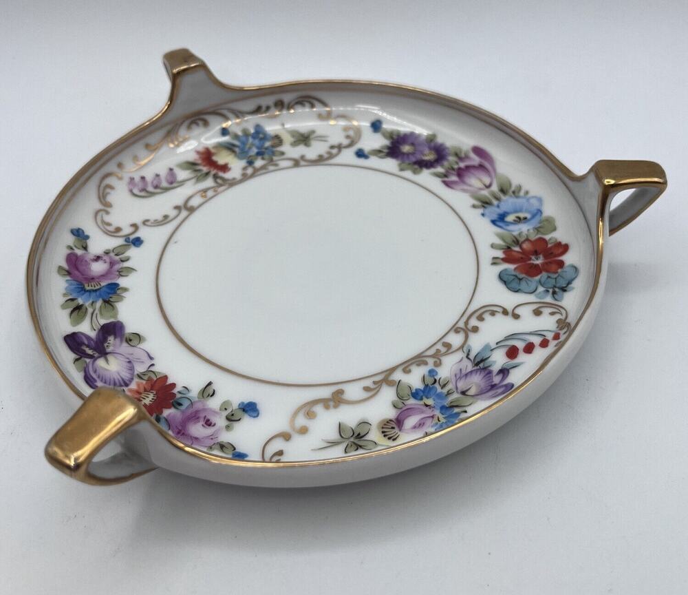 Vtg Round Hand Painted Nappy Trinket Dish 3 Handle Floral Colorful Cottagecore